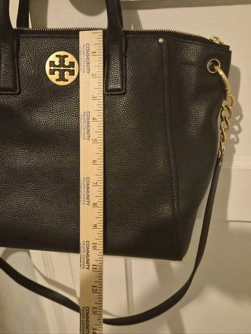 Tory Burch Black Pebbled Leather Satchel with Gold-Tone Logo